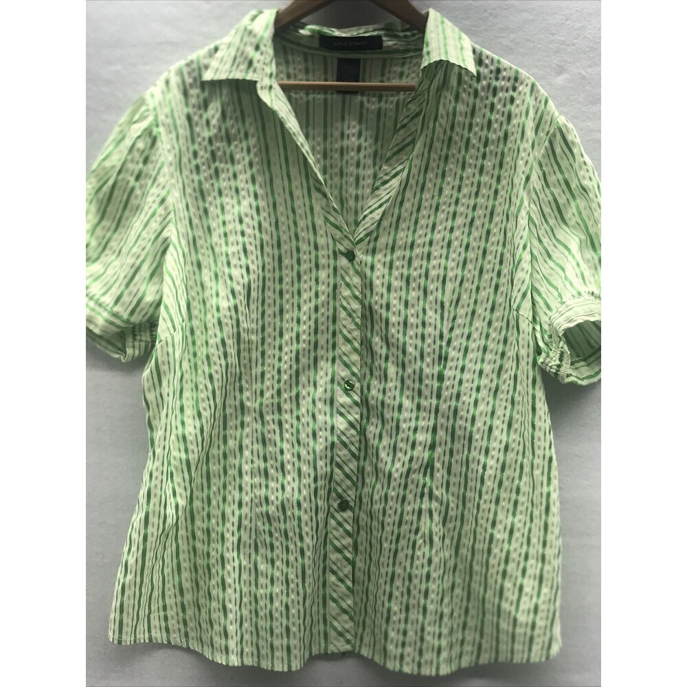 Ashley Stewart Women Blouse Size 20 Green Striped Short Sleeves Collared V Neck